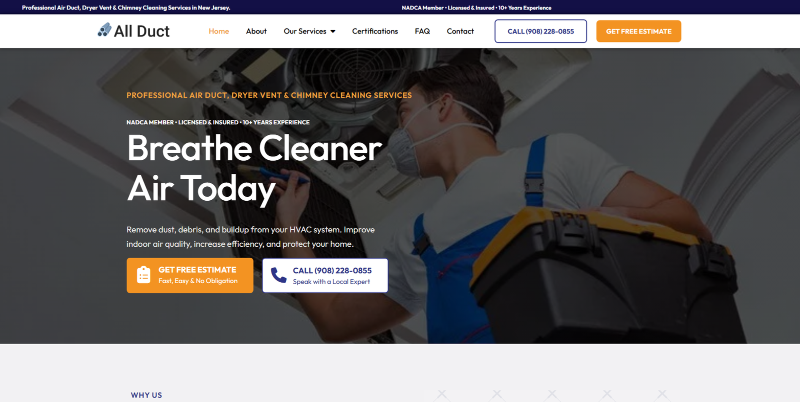 All Duct Clean website homepage
