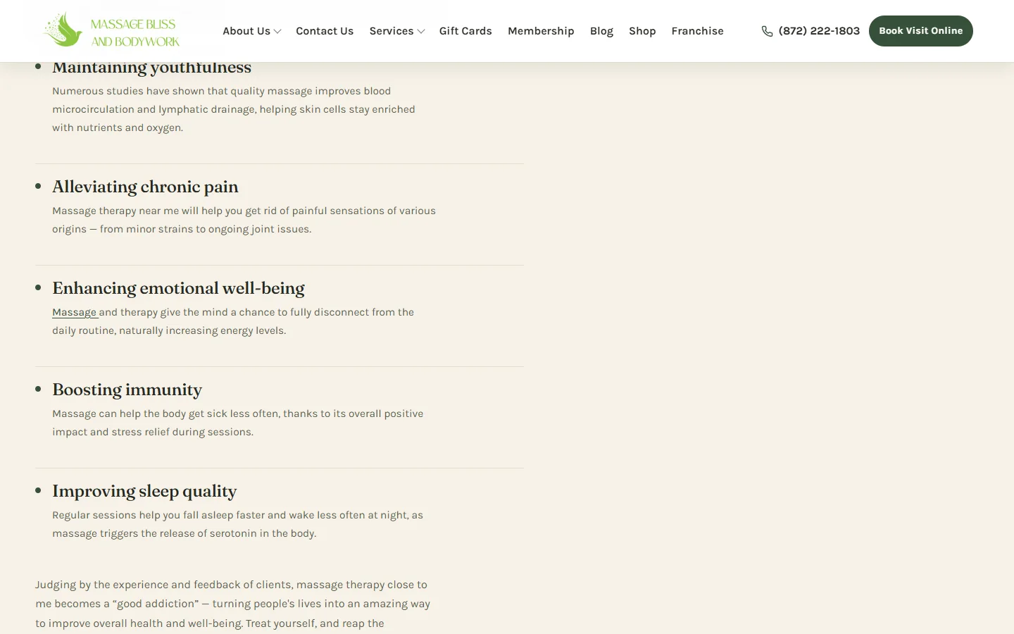 Massage Bliss and Bodywork treatment benefits
